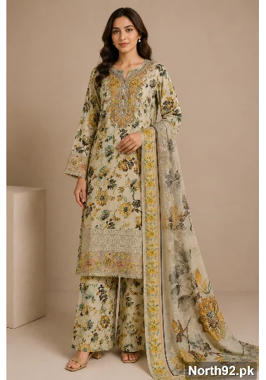 Beige Floral Embroidered Lawn 3 Pc Suit