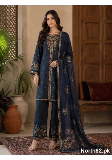 Navy Blue Embroidered 3 Pc Suit