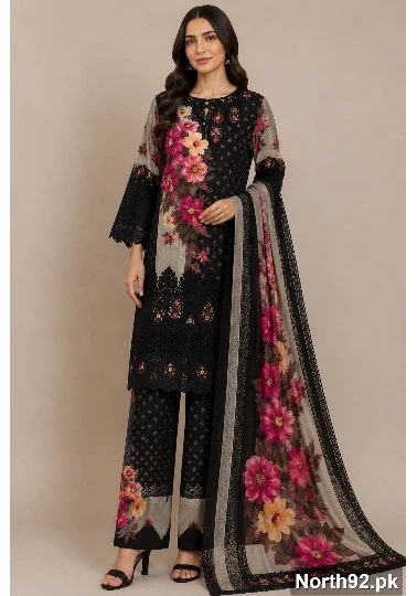 Black Printed Lawn 3 Pc Suit 