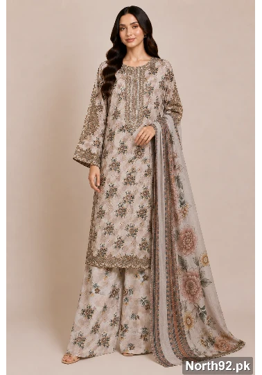 Beige Floral Embroidered 3 Pc Suit